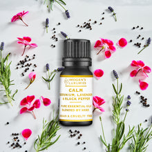 Calm is an all natural and 100% pure blend of Geranium, Lavender & Black Pepper Essential Oils. Floral Geranium is uplifted by crisp citrus Bergamot and given a grounding base with a hint of black pepper. 10ml black glass bottle with white & Gold label. Imogen's Luxuries, Berkshire, England. Natural, vegan & cruelty free