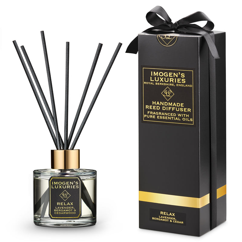 Relax reed diffuser is scented with a calming blend of Lavender, Bergamot & Cedar Essential Oils. Handmade with love by Imogen's Luxuries in Berkshire and Gift boxed.  A perfect natural diffuser oil for the bedroom containing essential oils for sleep.Our scent sticks are a natural home fragrance with aromatherapy benefits to help you relax and reduce stress. Small batch