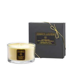 Balance 3 wick scented candle is handmade with natural wax. Scented with Geranium, Bergamot & Tangerine pure essential oils. Large scent throw is great for a big room. Handmade by Imogen's Luxuries in Berkshire, England