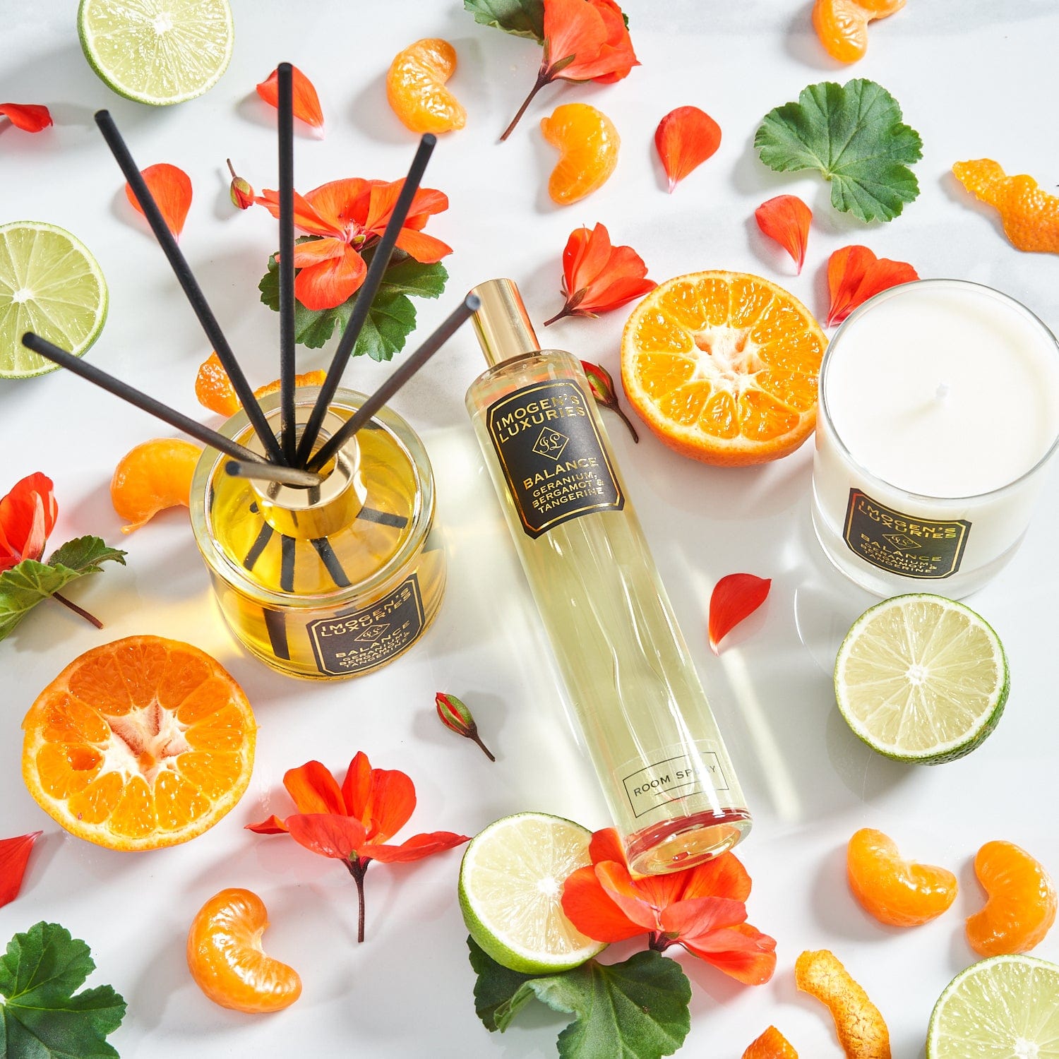 Balance is a signature fragrance made by Imogen's Luxuries England. Handmade in leafy Berkshire in small batches. Balance is made with pure essential oils of Geranium, Bergamot & Tangerine and free from any synthetic fragrance. Balance is a wonderfully soothing and cocooning fragrance perfect for all areas of the home. Available in candles, room sprays and reed diffusers