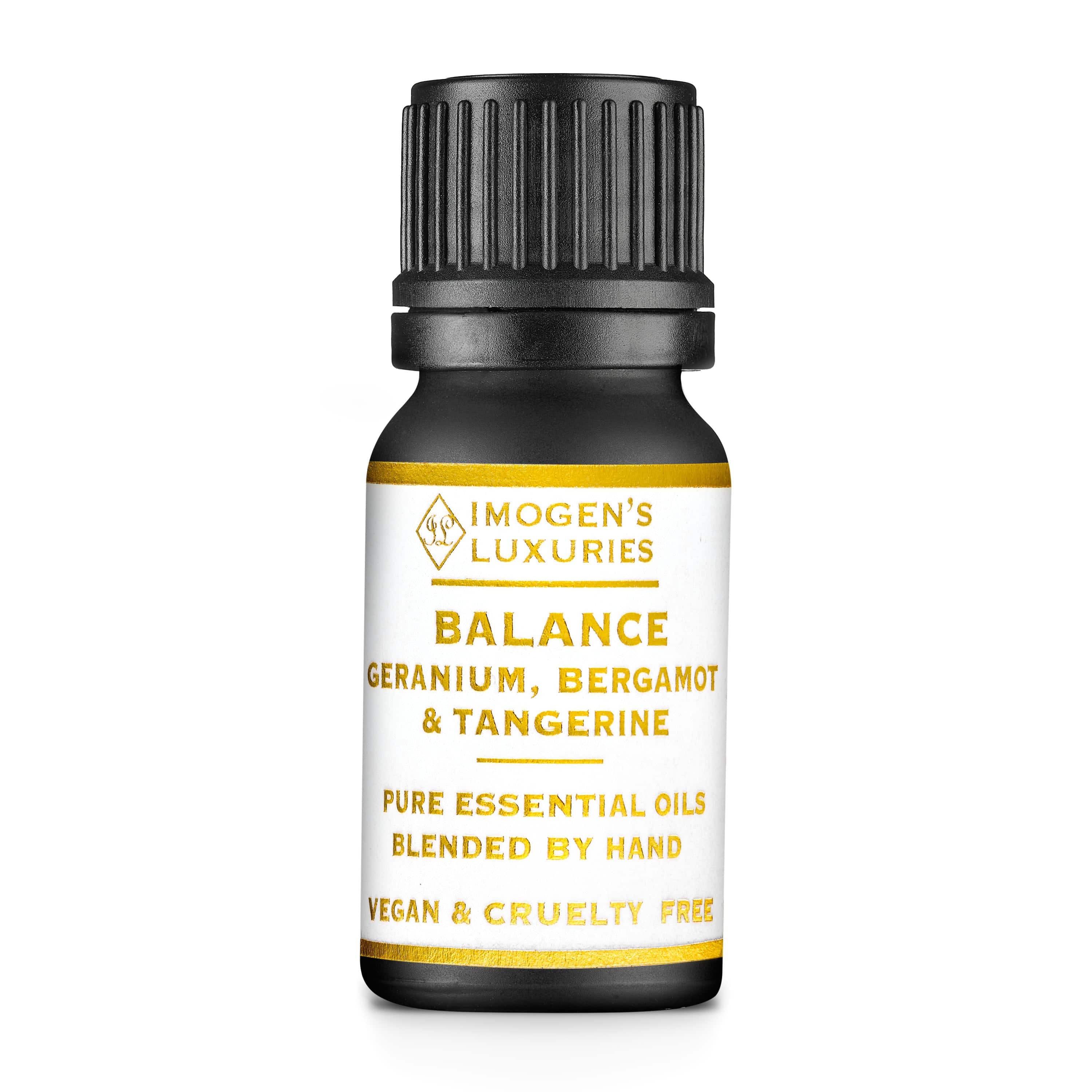10ml Balance pure essential oil in black bottle and cap with white and gold label. Writing on the label shows Imogen's Luxuries as the brand and the product as Balance a blend of Geranium, Bergamot & Tangerine pure essential oils. Oils are blended by hand and are vegan and cruelty free
