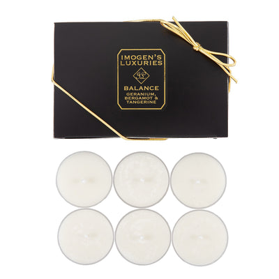 Pack of 6 balance natural wax tea lights fragranced with geranium, bergamot and tangerine essential oils £7.00