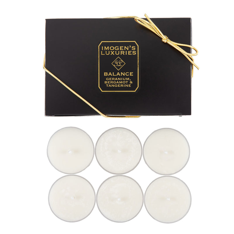 Pack of 6 balance natural wax tea lights fragranced with geranium, bergamot and tangerine essential oils £7.00