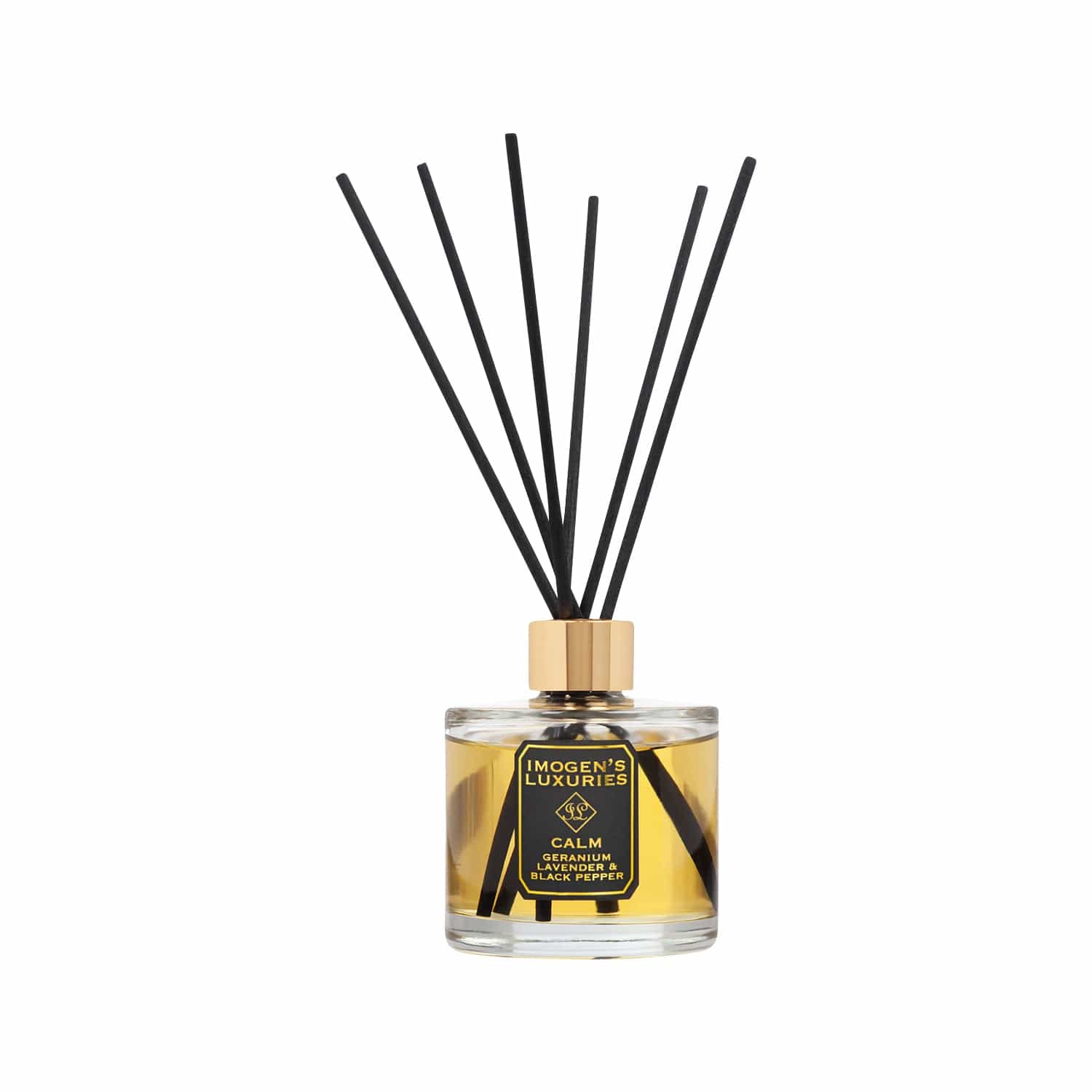Calm luxury reed diffuser by Imogen's Luxuries, featuring a premium glass bottle with 100% pure essential oils of Geranium, Lavender, and Black Pepper. Hand-poured in Berkshire with high-performance black fibre reeds for long-lasting natural aromatherapy.