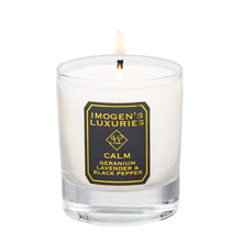 Calm 1 wick candle with natural wax and scented with Geranium, Lavender and Black Pepper essential oils. Create a cosy and calming atmosphere. Handmade by Imogen's Luxuries in Berkshire, UK