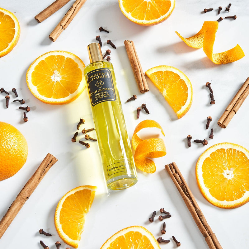 Our wonderfully festive luxury Christmas room spray is scented with sweet orange, cinnamon, clove and ginger essential oils. An all natural scent reminiscent of mulled wine bubbling on the stove. Long lasting and beautifully scented. 100ml glass bottle with perfume atomiser giving a beautiful scent in a fine mist to scent your space.  Handmade by Imogen's luxuries, Berkshire, England. Always vegan and cruelty free. 