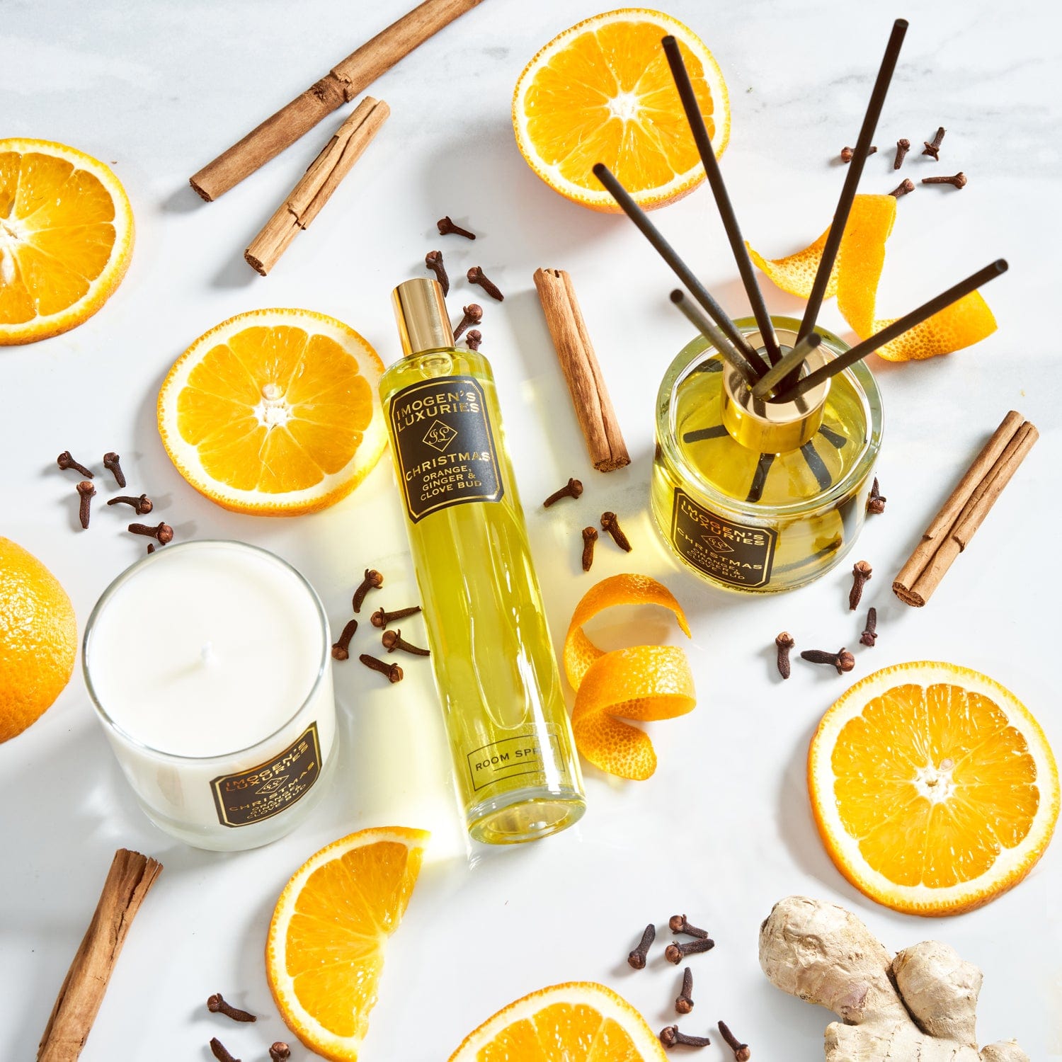 Christmas is THE signature fragrance made by Imogen's Luxuries, Berkshire England. A wonderfully uplifting, warming and festive blend of pure essential oils. a harmonious ratio of Orange, cinnamon, clove and ginger essential oils create this blend which has been called Christmas in a bottle. Available in Room sprays, reed diffusers and candles. Handmade in small batches and always vegan and cruelty free