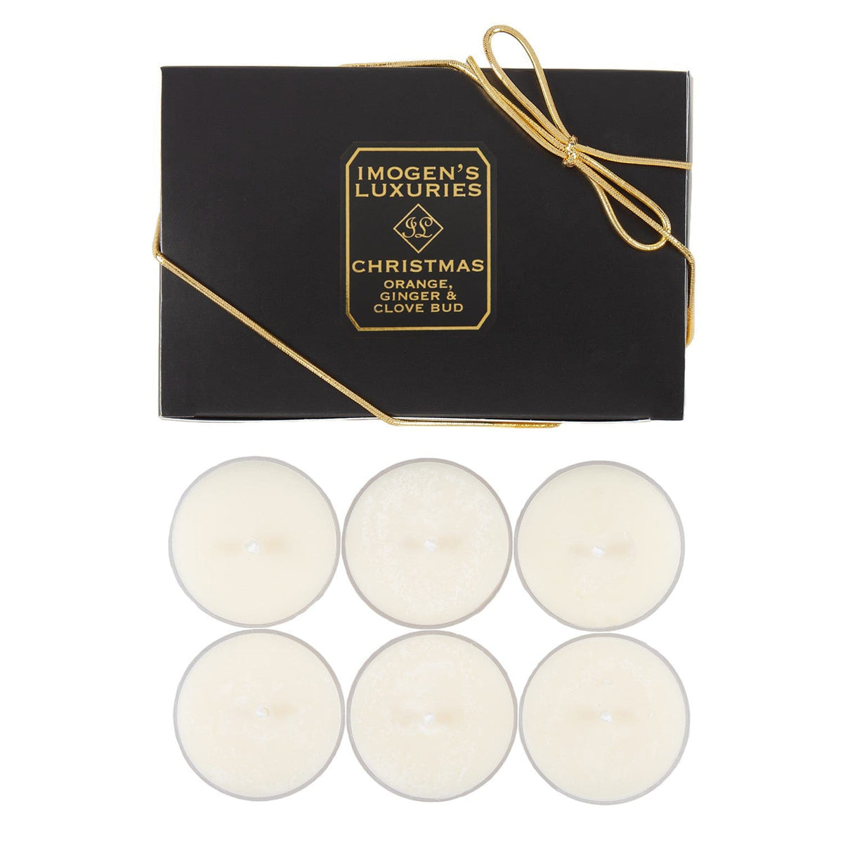 Pack of 6 Christmas soy wax tea light candles highly scented with Orange, Cinnamon, Clove & Ginger Essential Oils. Pack of 6 each weighing 20g. Presented in black and gold gift box with a bow/