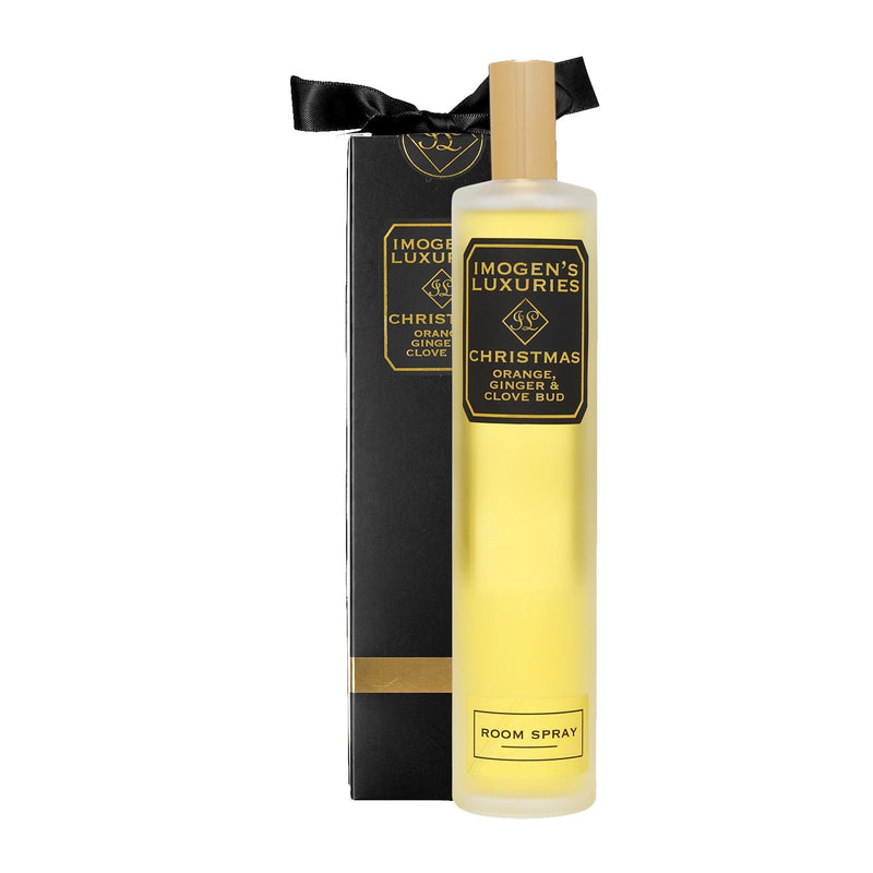 Luxury Christmas Room Spray scented with Orange, Cinnamon, Clove and Ginger essential Oils. All natural scent, vegan and cruelty free.  100ml £16.00.  Handmade by Imogen's Luxuries, Berkshire England