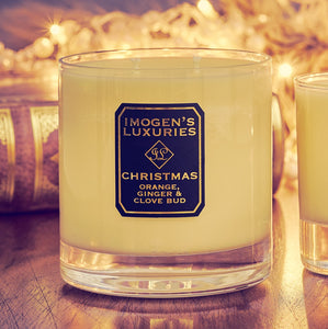 Christmas Home candle unlit. 325g Soy wax fragranced with Orange, Cinnamon, Clove andGinger Essential oils. Handmade in England by a mother and daughter team.