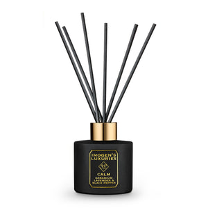 Calm black reed diffuser is presented in our beautiful matte black bottle with a stunning gold collar, thick black reeds and with our signature black and gold label.  Scented with our calming and relaxing aromatherapy blend of Geranium, Lavender and Black Pepper essential oils.  Handmade in Berkshire with all natural ingredients. No unwanted extra packaging it arrives securely wrapped and includes reeds. 100ml £18.00