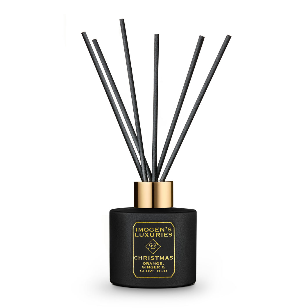 Luxury Christmas black reed diffuser is presented in our beautiful matte black bottle with a stunning gold collar, thick black reeds and with our signature black and gold label.  Scented with our warming and festive blend of Orange, Cinnamon, Clove and Ginger essential oils. Handmade in Berkshire with all natural ingredients.  No unwanted extra packaging, same great product includes reeds. 100ml £18.00