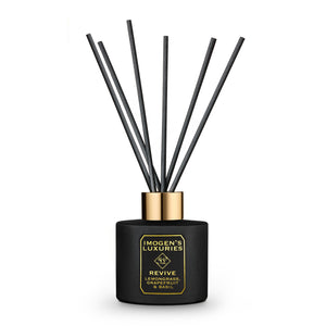 Revive black reed diffuser is presented in our beautiful matte black bottle with a stunning gold collar, thick black reeds and with our signature black and gold label.  Scented with our crisp, citrus and uplifting blend of Lemongrass, Grapefruit & Basil Essential oils, Revive was also featured in the “12 Best Reed Diffusers” by The Independent. No extra gift packaging it arrives securely wrapped and includes reeds. 100ml £18.00