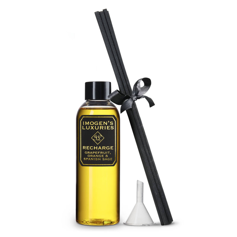 Recharge 100ml reed diffuser refill scented with pure Orange, Grapefruit and Spanish Sage essential oils. Includes 6 thick black reeds and a funnel. Natural, vegan and cruelty free.