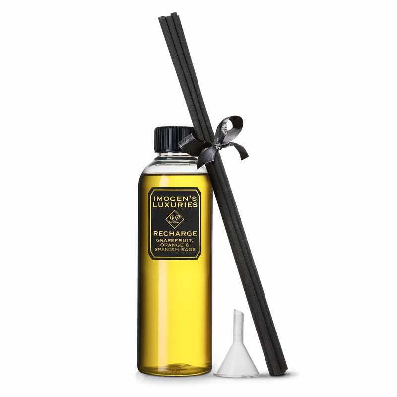Recharge Reed Diffuser refill set is a large 200ml bottle with 6 thick black reeds. Scented with our blend of Grapefruit, Orange & Spanish Sage essential oils it's an environmental and cost effective way to make your diffuser last longer.  Perfume your home naturally with this calming and relaxing fragrance. Vegan, cruelty free and handmade in Berkshire by Imogen's Luxuries