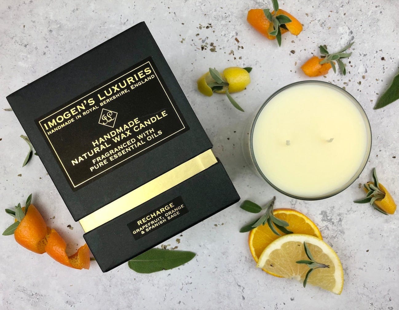 Recharge 2 wick candle. Handmade with natural wax and fragranced with Grapefruit, Orange and Spanish Sage Essential Oils. Handmade in Berkshire. 330g.