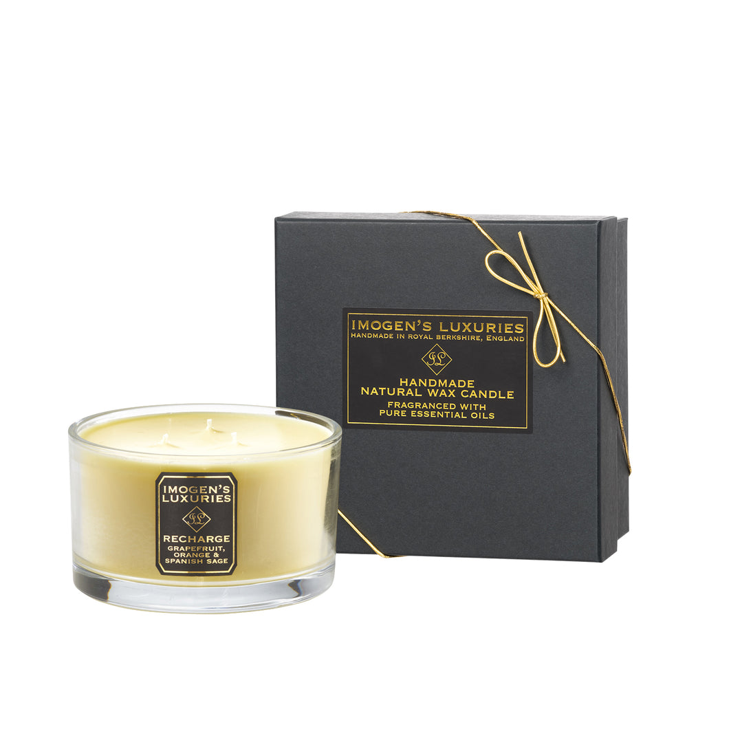 Recharge 3 Wick Candle scented with Grapefruit, Orange & Spanish Sage Essential Oils.  Handmade with 500g natural wax and purre cotton wicks. Free from paraffin wax, synthetic fragrances & synthetic colours. £35.00. Handmade by Imogen's Luxuries in Berkshire, England
