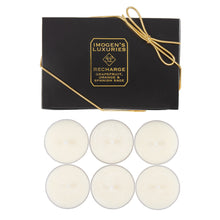 Pack of 6 Recharge natural wax tea lights fragranced with Grapefruit, Orange and Spanish Sage Essential Oils £7.00