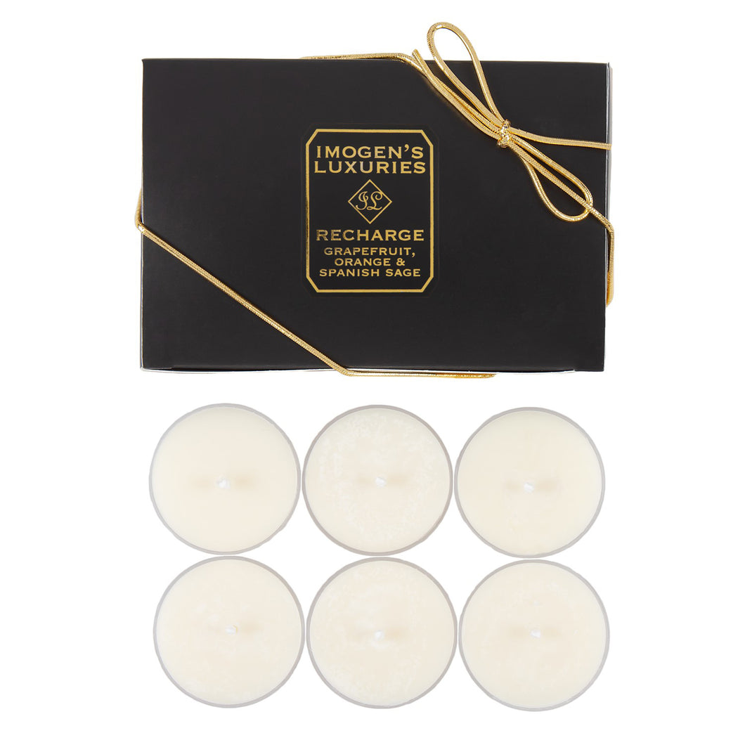 Pack of 6 Recharge natural wax tea lights fragranced with Grapefruit, Orange and Spanish Sage Essential Oils £7.00