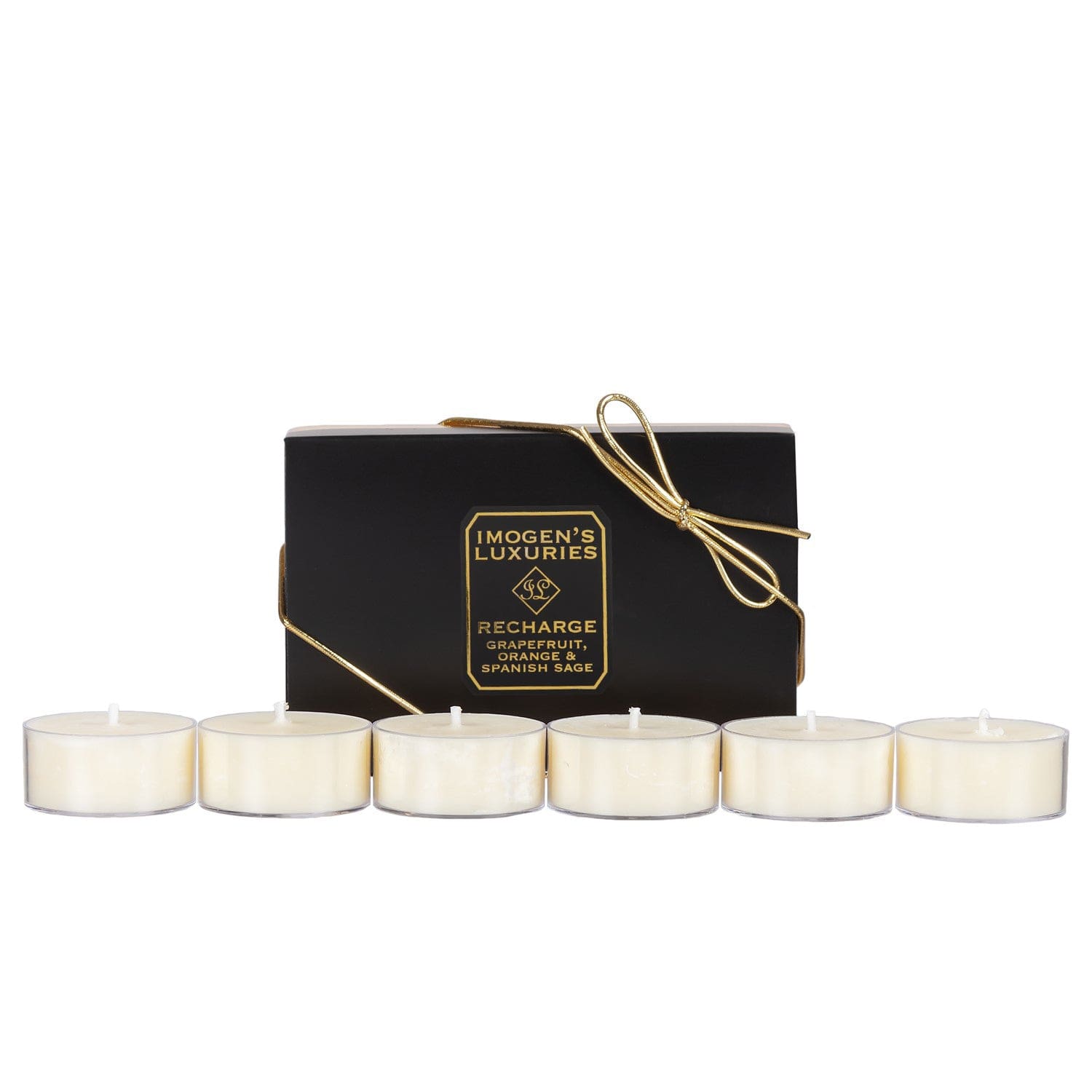 Pack of 6 Recharge natural wax tea lights fragranced with Grapefruit, Orange and Spanish Sage Essential Oils £7.00