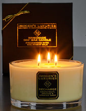 Recharge 3 wick candlen burning. Scented with Grapefruit, Orange and Spanish Sage Essential Oils. 500g Natural wax. £35.00. Handmade by Imogen's Luxuries