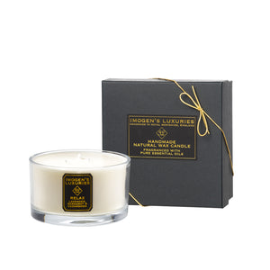 Relax 3 Wick Candle. Handmade with natural wax and fragranced with our wonderfully calming blend of Lavender, Bergamot & Cedarwood Essential Oils. 500g wax weight. £35.00. Handmade in Royal Berkshire
