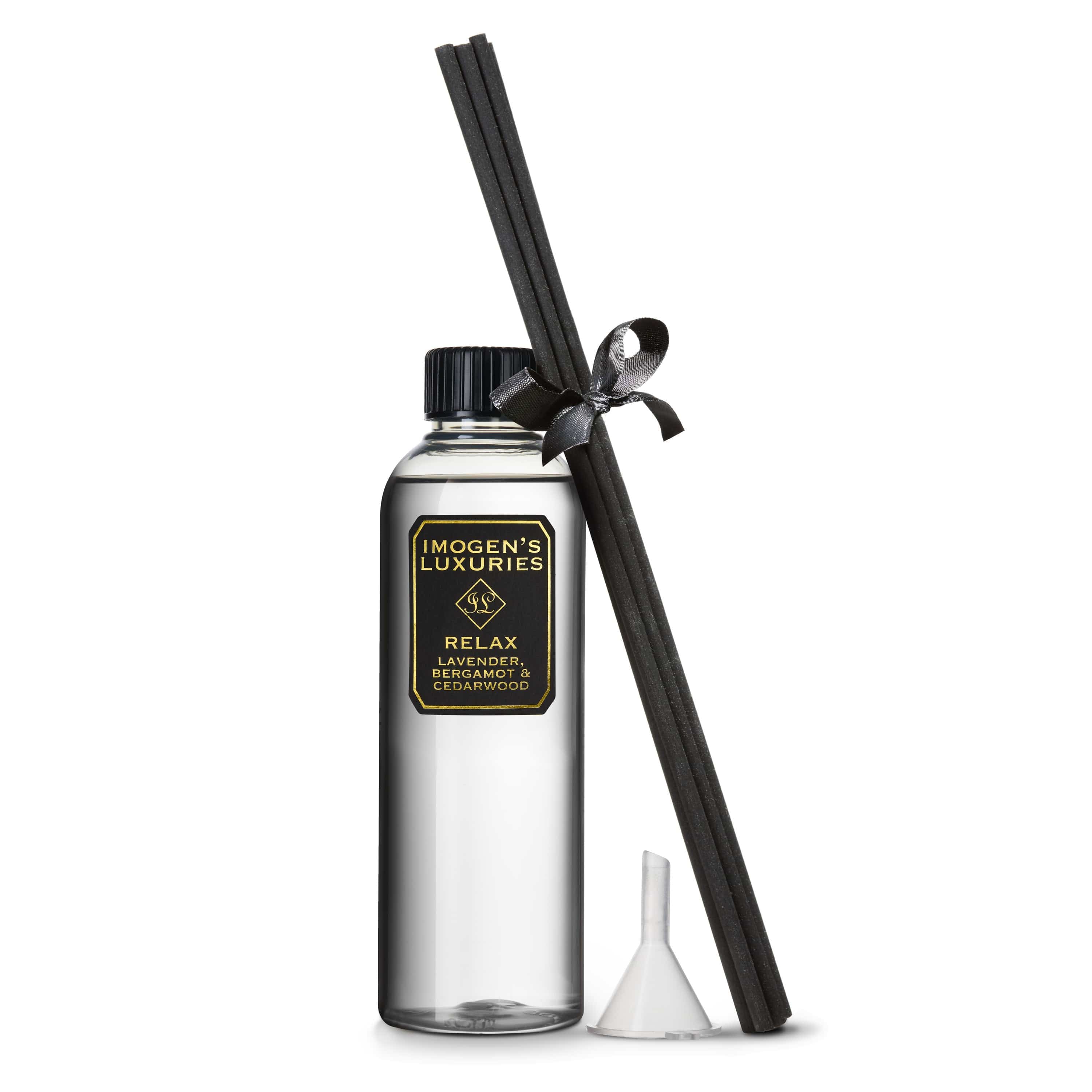 Relax Reed Diffuser refill set is a large 200ml bottle with 6 thick black reeds. Scented with our signature blend of Lavender, Bergamot & Cedar essential oils.  An environmentally friendly and cost effective way to make your diffuser last longer.  Perfume your home naturally with this calming and relaxing fragrance. Vegan, cruelty free and handmade in Berkshire by Imogen's Luxuries