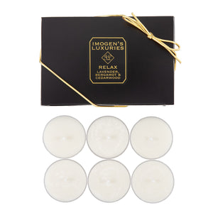 Pack of 6 Relax natural wax tea lights fragranced with Lavender, Bergamot and Cedar Essential Oils £7.00