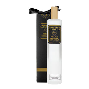  Relax Room Spray is fragranced with Imogen’s Luxuries signature blend of essential oils.  Lavender, Bergamot & Cedar combine beautifully to create a room spray that naturally helps reduce anxiety and improve sleep. Presented in an elegant glass bottle with a gold perfume atomiser this fine spray will enhance any living space. Luxuriously gift boxed in our signature black and gold packaging.