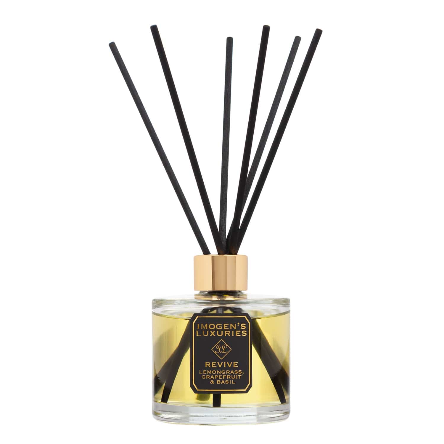 Revive luxury reed diffuser by Imogen's Luxuries, featuring a premium glass bottle with 100% pure essential oils of Lemongrass, Grapefruit & Basil. Hand-poured in Berkshire with high-performance black fibre reeds for long-lasting natural aromatherapy.