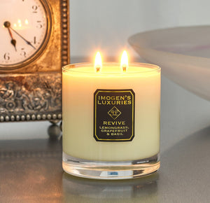 Revive luxury 2 wick aromatherapy candle is strongly scented with pure Lemongrass, Grapefruit and Basil essential oils.  Handmade with natural eco friendly rapeseed and coconut wax. An uplifting, crisp, citrus candle. Large 340g wax weight in a luxury Gift Box. Imogen's Luxuries, Berkshire, England