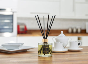 Revive luxury aromatherapy reed diffuser strongly scented with natural Lemongrass, Grapefruit and Basil essential oils. 6 thick black reeds to fragrance your kitchen and remove cooking odours. Large long lasting 200ml size. Handmade Imogen’s Luxuries, Berkshire, England.