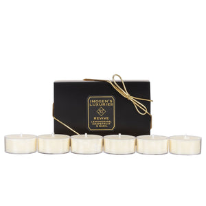 Pack of 6 Revive natural wax tea lights fragranced with Lemongrass, Grapefruit and Basil Essential Oils. Handpoured in recyclable polycarbonate cups and highly scented. Beautiful gift box-Imogens-luxuries-berkshire