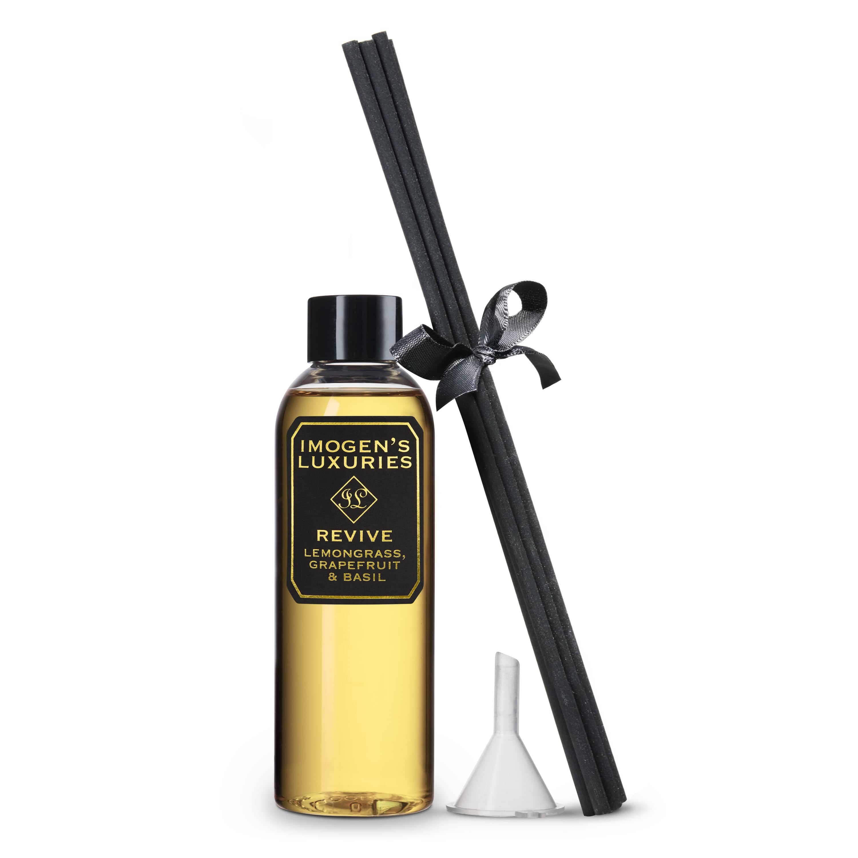 Revive 100ml  reed diffuser is scented with pure  Lemongrass, Grapefruit and Basil Essential Oils. Natural, Vegan and Cruelty Free. 6 thick black reeds and funnel included