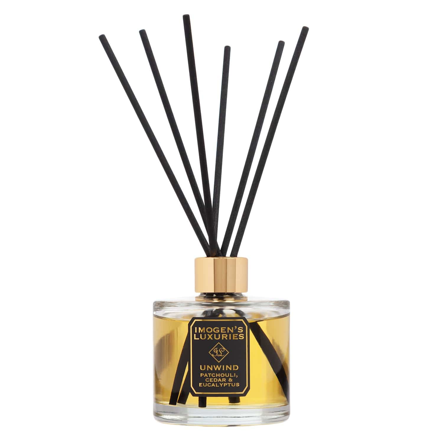 Unwind luxury 200ml reed diffuser by Imogen's Luxuries, featuring a premium glass bottle with 100% pure essential oils of Patchouli, Eucalyptus and cedar. Hand-poured in Berkshire with high-performance black fibre reeds for long-lasting natural aromatherapy.