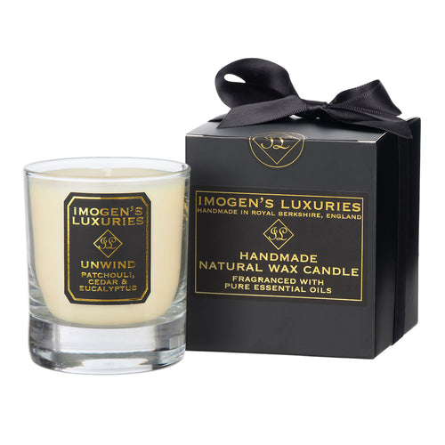 Unwind aromatherapy candle is handmade with natural wax and fragranced with Patchouli, Cedar and Eucalyptus essential oils. 30 hour burn time £12.75. Imogen's Luxuries, Berkshire. 