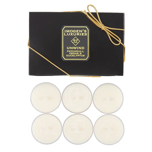 Pack of 6 Unwind natural wax tea lights fragranced with Patchouli, Cedar and Eucalyptus Essential Oils £7.00 