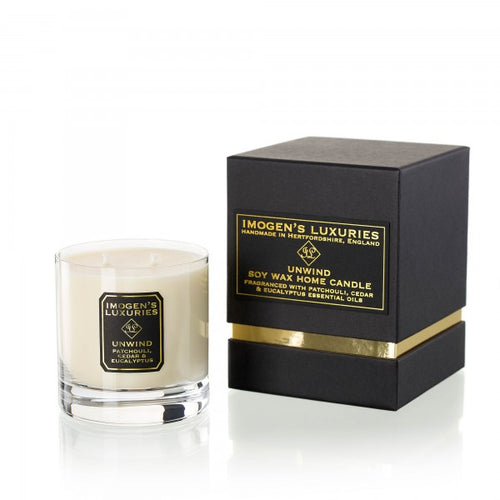Unwind Home Candle: Fragranced with Patchouli, Cedar & Eucalyptus Essential Oils. Handpoured with 320g natural wax. £24