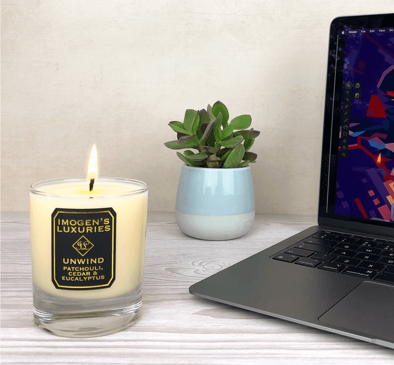 Imogen's Luxuries Unwind 1 Wick Candle: Patchouli, Cedar & Eucalyptus: Imogen's Luxuries - Aromatherapy blends for relaxation - Free from synthetic scents - Natural vegan and cruelty free - Handmade in Berkshire England