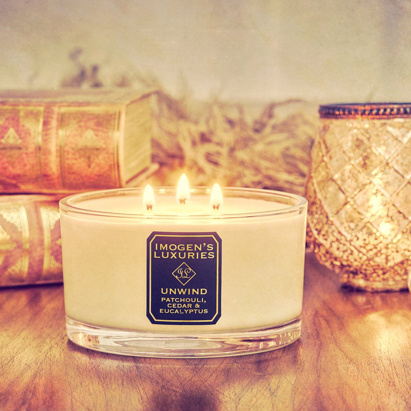 Imogen's Luxuries Unwind 3 Wick Candle: Fragranced with Essential Oils- Imogen's Luxuries - Aromatherapy blends for relaxation - Free from synthetic scents - Natural vegan and cruelty free - Handmade in Berkshire England