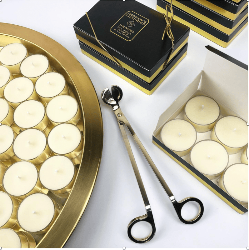 Imogen's Luxuries Unwind Tea Lights: Patchouli, Cedar & Eucalyptus. Natural and vegan. - Natural vegan and cruelty free - Handmade in Berkshire England - Aromatherapy blends for relaxation - Free from synthetic scents